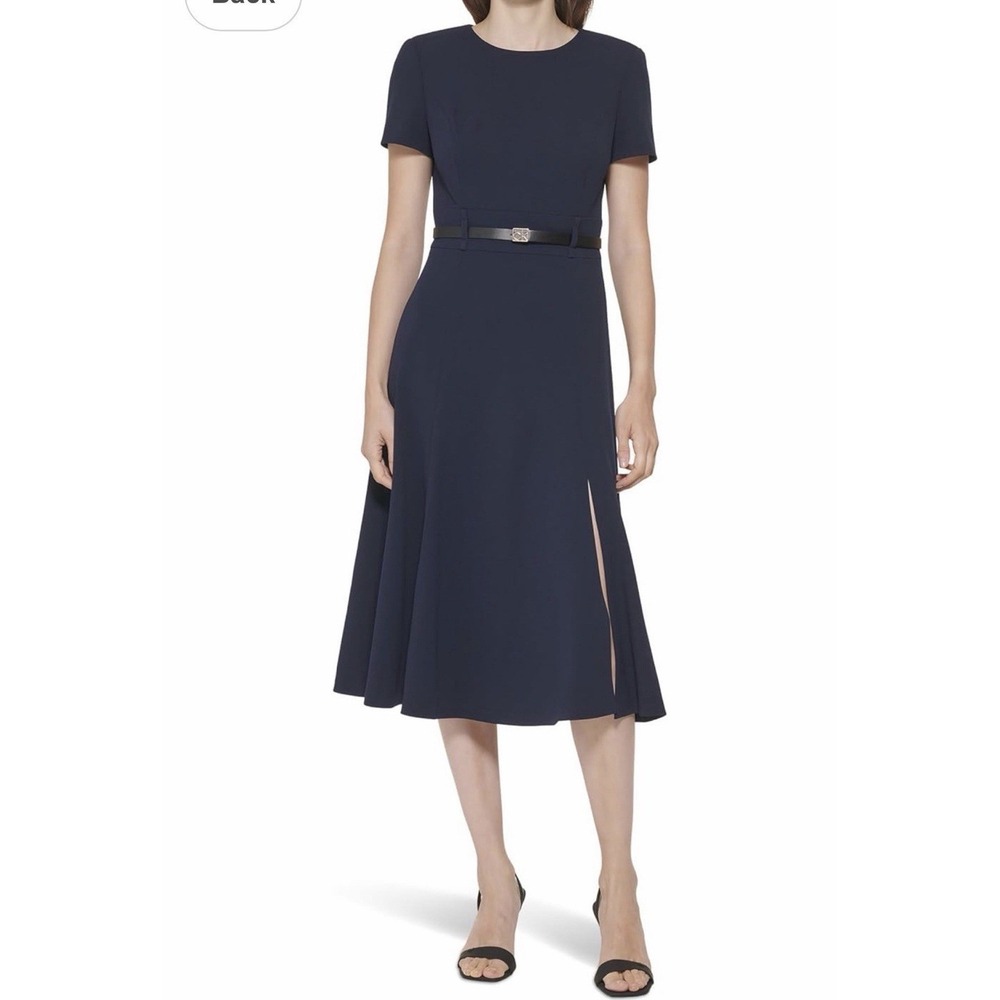 Calvin Klein Navy Blue Stretch Crepe Fit & Flare Midi Dress Sz 8 Career Office